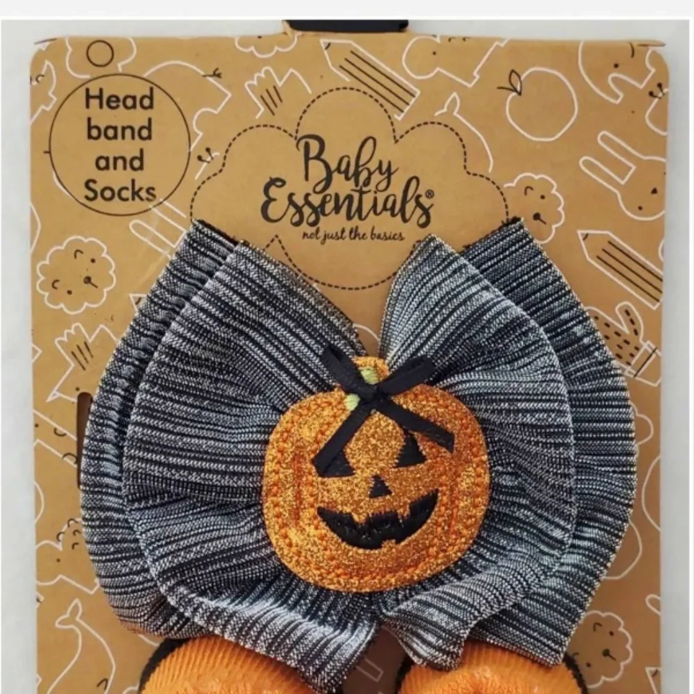 New Baby Halloween Headband & Sock Set Pumpkin Orange & Silver 0-6 Months